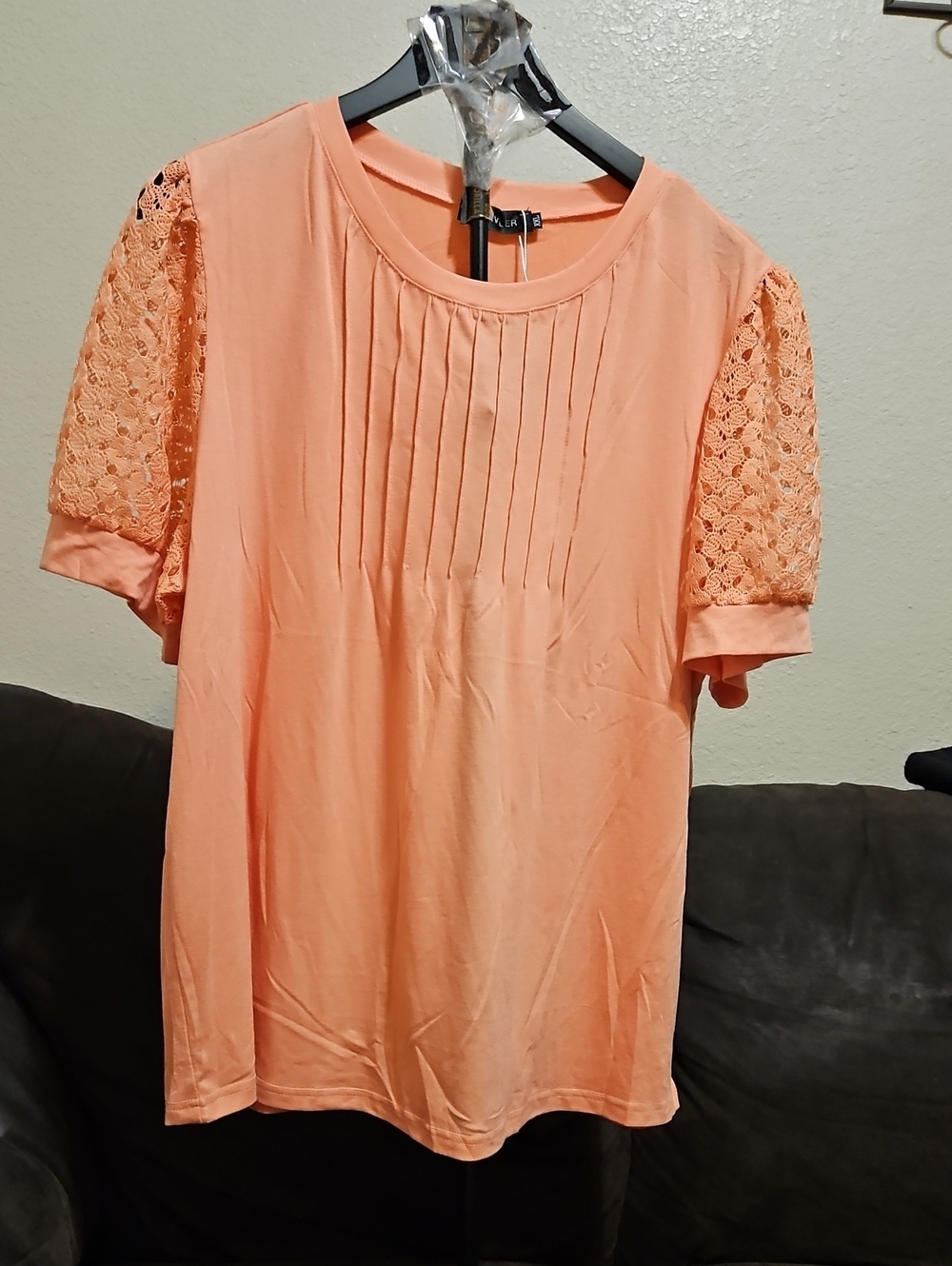 Women's Peach Short Sleeve Lace-Sleeve Tee